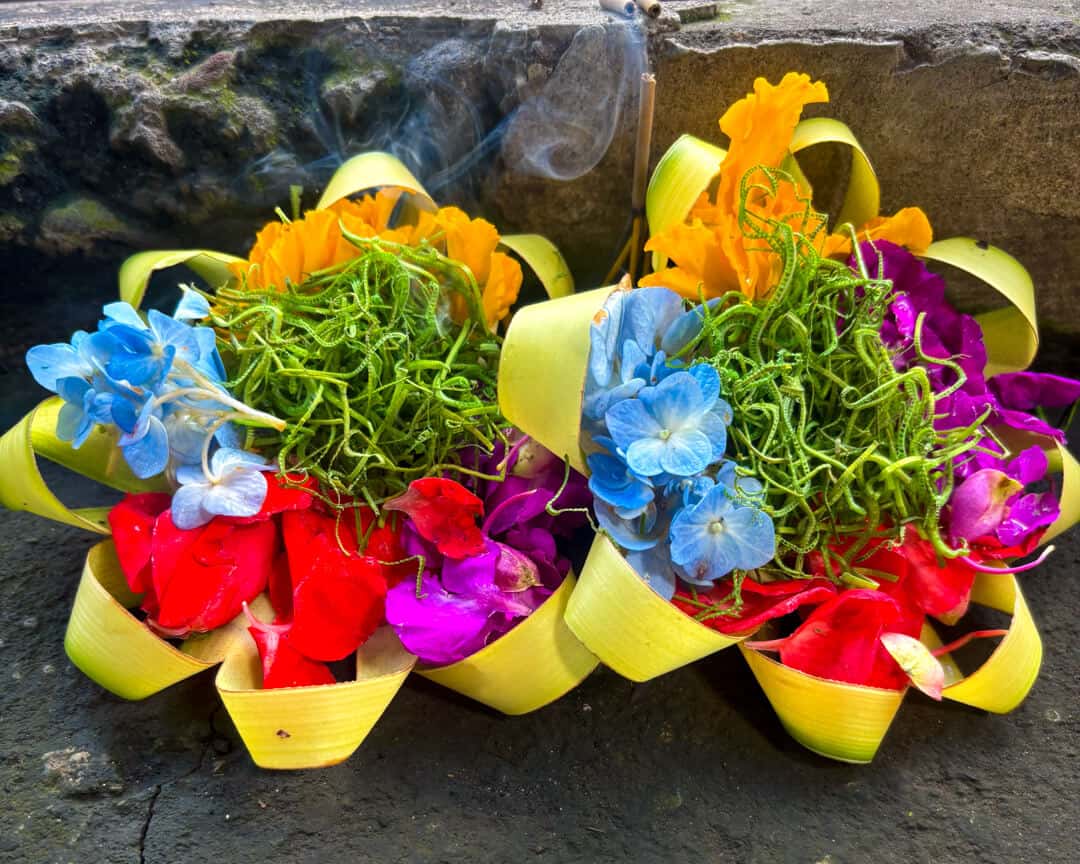 A bundle of leaves and flowers given as an offering on the sidewalk in Bali