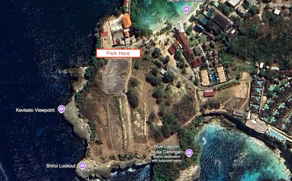 Google Earth View of the Parking area and trails to the Blue Lagoon view points on Nusa Lembongan