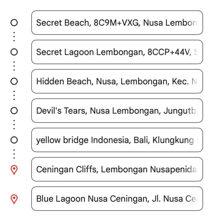 List of the most efficient routing for a Nusa Lembongan and Nusa Ceningan road trip