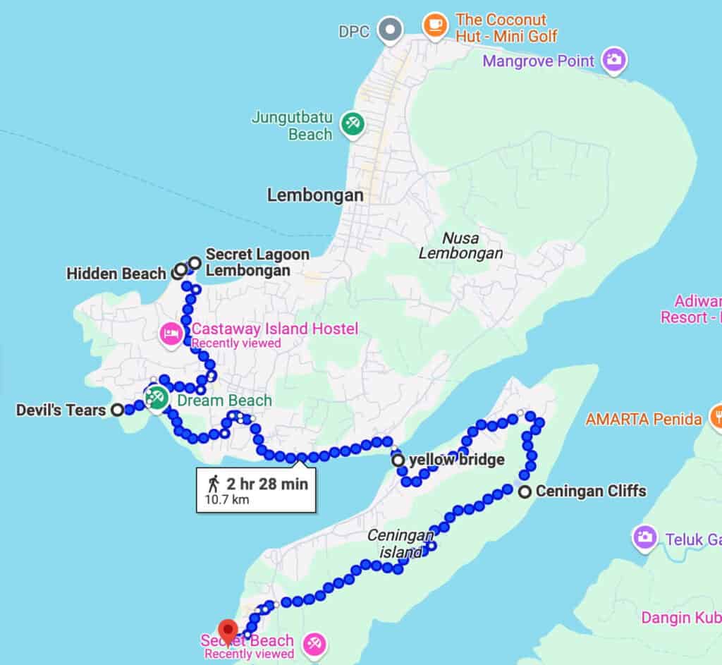 Map of the most efficient routing for a Nusa Lembongan and Nusa Ceningan road trip