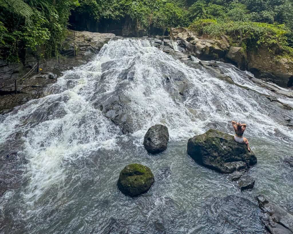 Enjoying being the only ones at Goa Rang Reng Waterfall in Bali