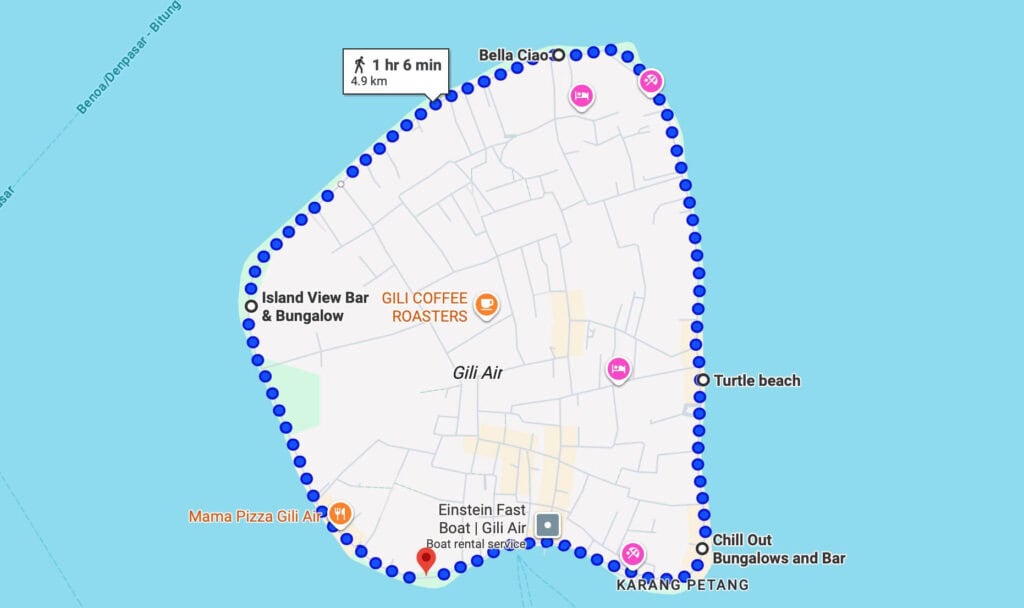 Screenshot from google maps showing the walking time around the perimeter of Gili Air