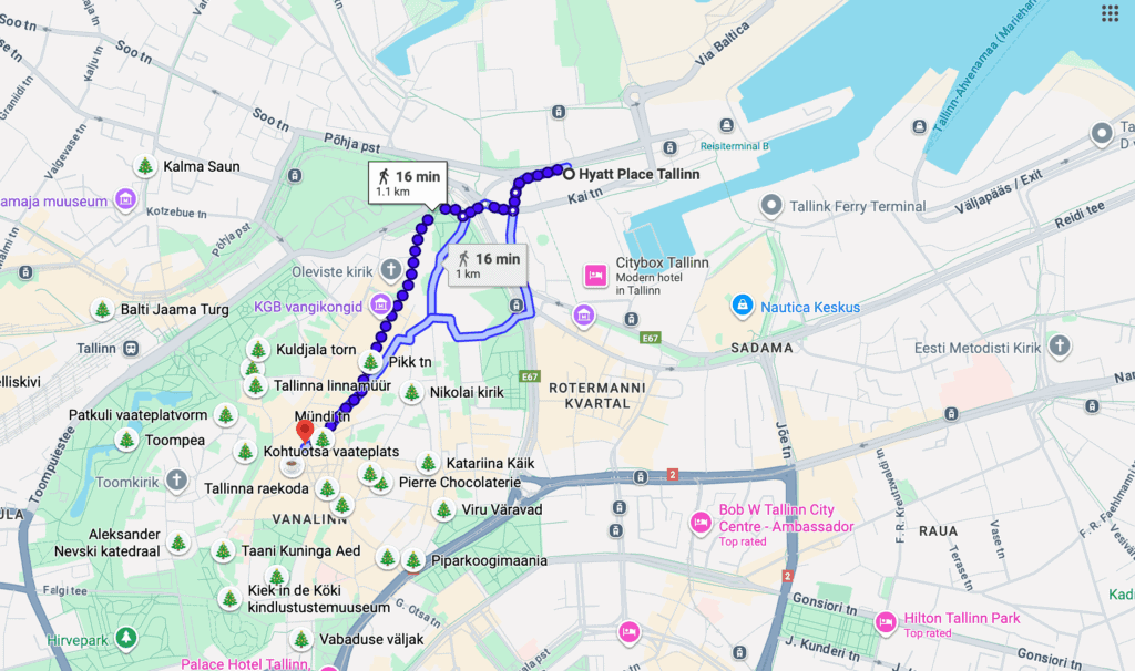Map showing walking routes from Hyatt Place Tallinn to key attractions in Tallinn’s Old Town, all within a 16-minute walk, including Toompea, Town Hall Square, and historic landmarks marked with Christmas tree icons.