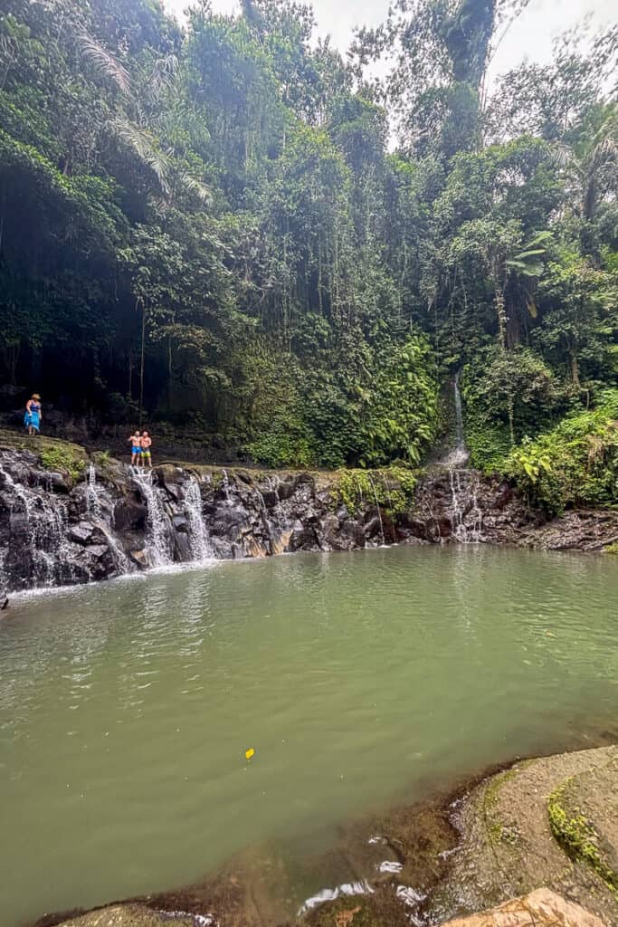 Tamansari Waterfall gently flowing over dark rocks into a calm, green pool surrounded by dense jungle. A few visitors stand along the edge, highlighting this peaceful swimming spot on the Ubud waterfalls circuit.