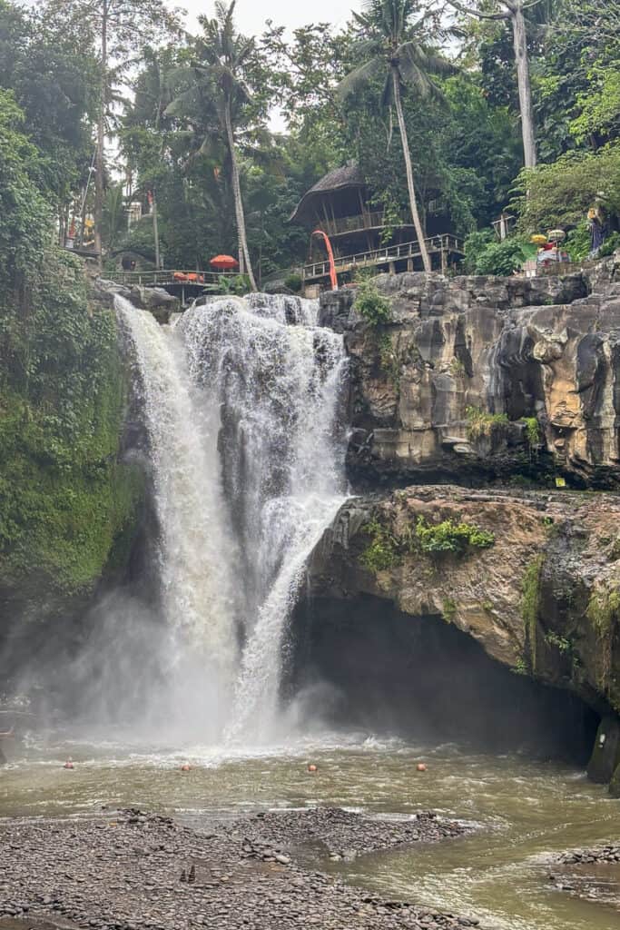 Tegenungan Waterfall in Bali cascading into a rocky pool surrounded by lush jungle and tall palm trees, with a wooden café and orange umbrellas perched above the cliff. A popular first stop on an Ubud waterfalls day trip.