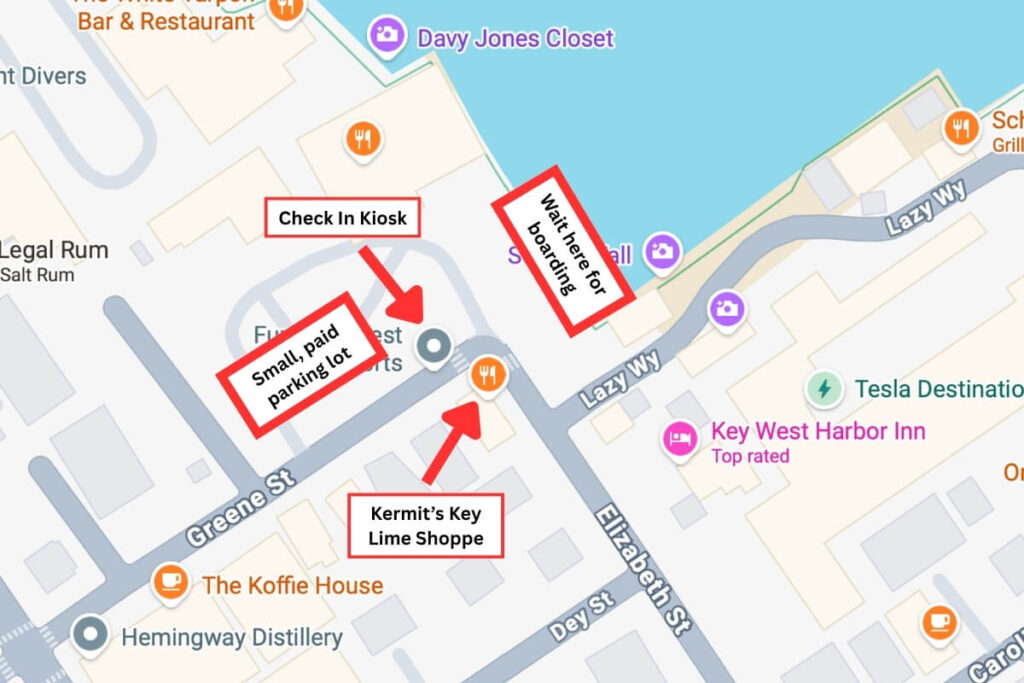 Map showing the Fury snorkel tour check-in kiosk on Greene Street across from Kermit’s Key Lime Shoppe, with the nearby paid parking lot and boarding wait area marked.