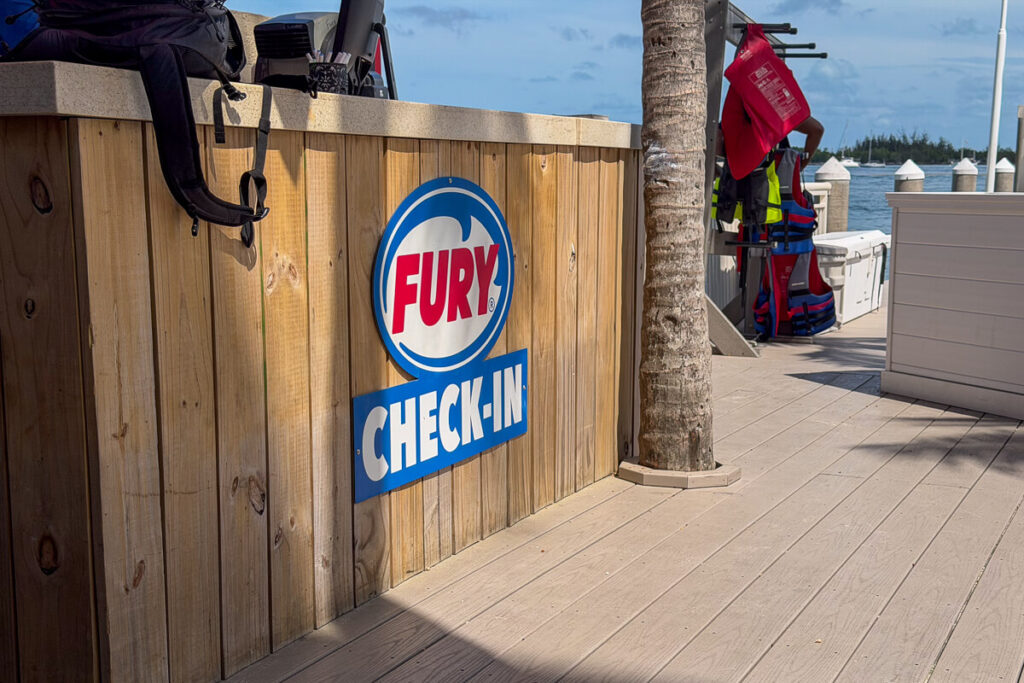 Fury Adventures jet ski tour check-in sign at the Hyatt Centric in Key West.