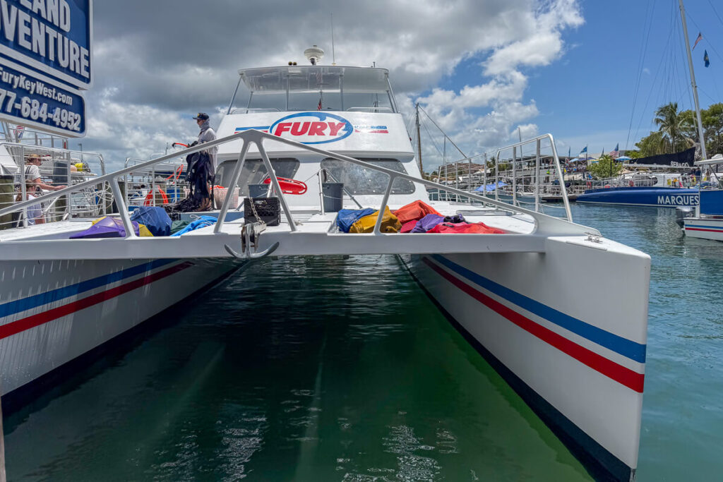 Fury Reef Express catamaran docked in Key West before a snorkeling tour.